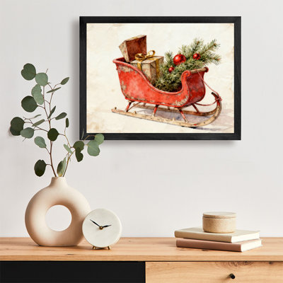 Reproduction d'art encadré noir de style traîneau de Noël rétro