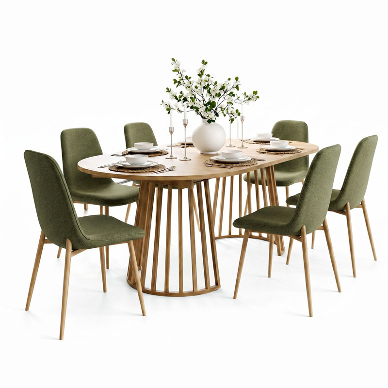 6- Person Dining Table Sets With Extendabe Oval Table & 6 Upholstered Dining Chairs, Green
