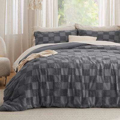 Ensemble d'édredon très grand lit gris foncé, ensemble de lit capitonné Boho, literie à carreaux de style Shabby Chic, 3 pièces, 1 édredon géométrique à carreaux et 2 taies décoratives