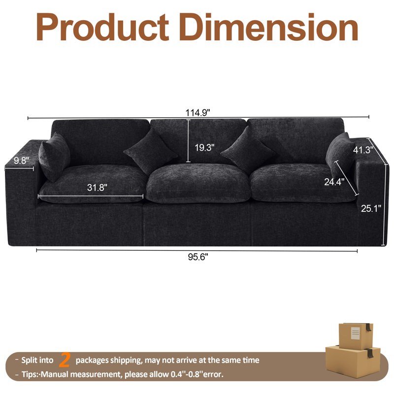 Canapé en chenille, Noir foncé, H 25,1 po x l 114,9 po x P 41,3 po