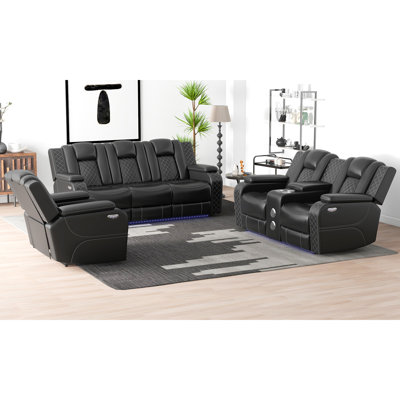 Davarious 3 - Piece Modern Multifunctional Breathable Leather Reclining Living Room Set with USB