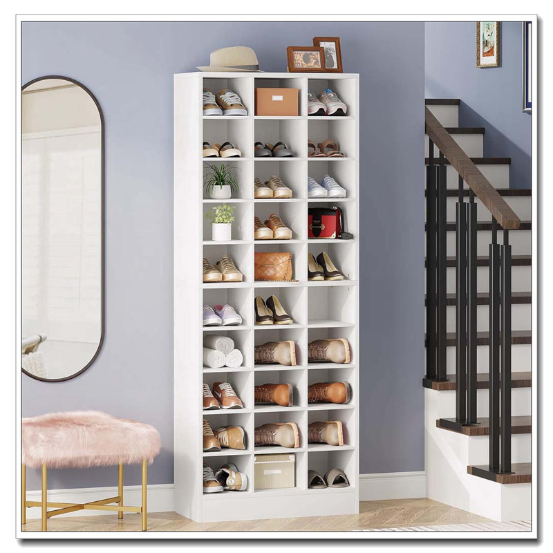 25.6 Inches 10-Tier White Wooden Shoe Storage Cabinet, Modern 30-Cubby Wooden Shoe Rack Organizer, White
