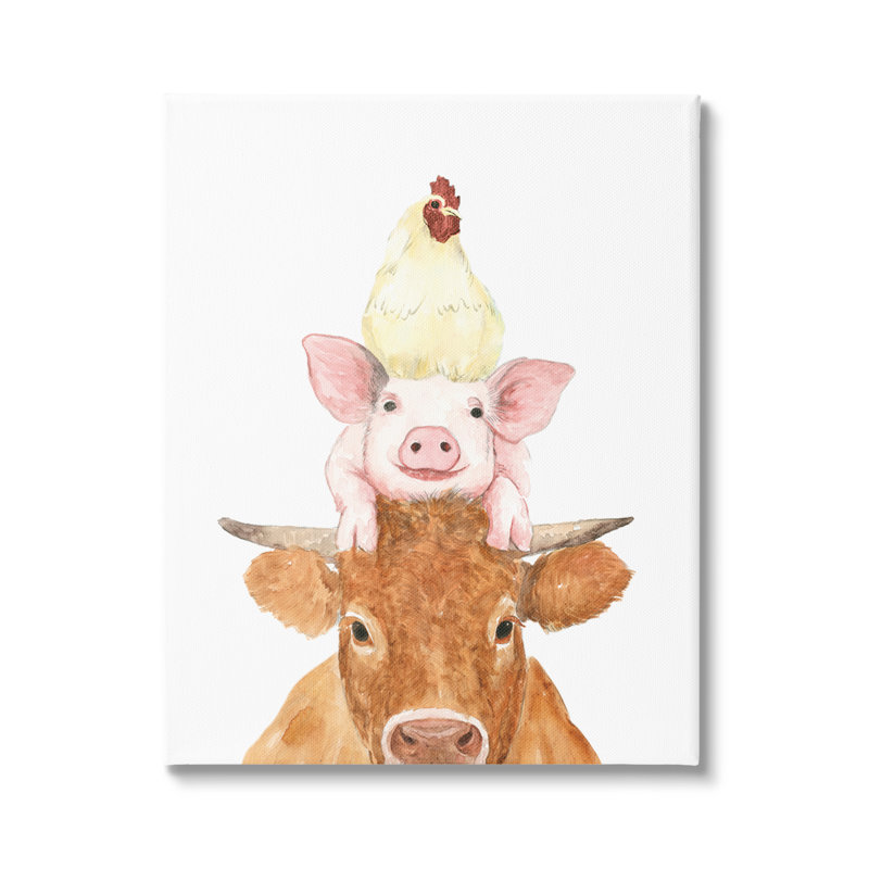 Illustration de poule de vache empilée par une échelle blanche, Toile tendue, L 36 po x H 48 po