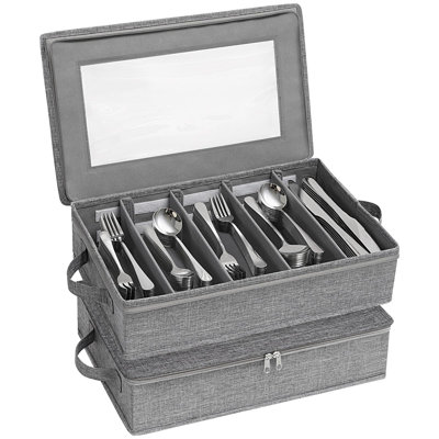Boîte de rangement pour couverts, organisateur de couverts couvert avec couvercle à fermeture à glissière, étui à couverts à 5 compartiments avec séparateur réglable et poignée, paquet de 2