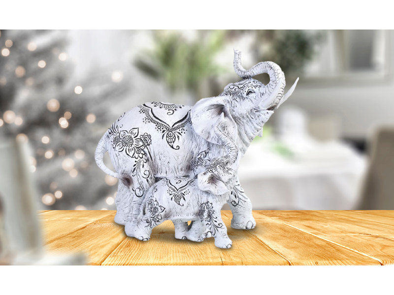 Figurine éléphant blanche et bébé 8,25 po