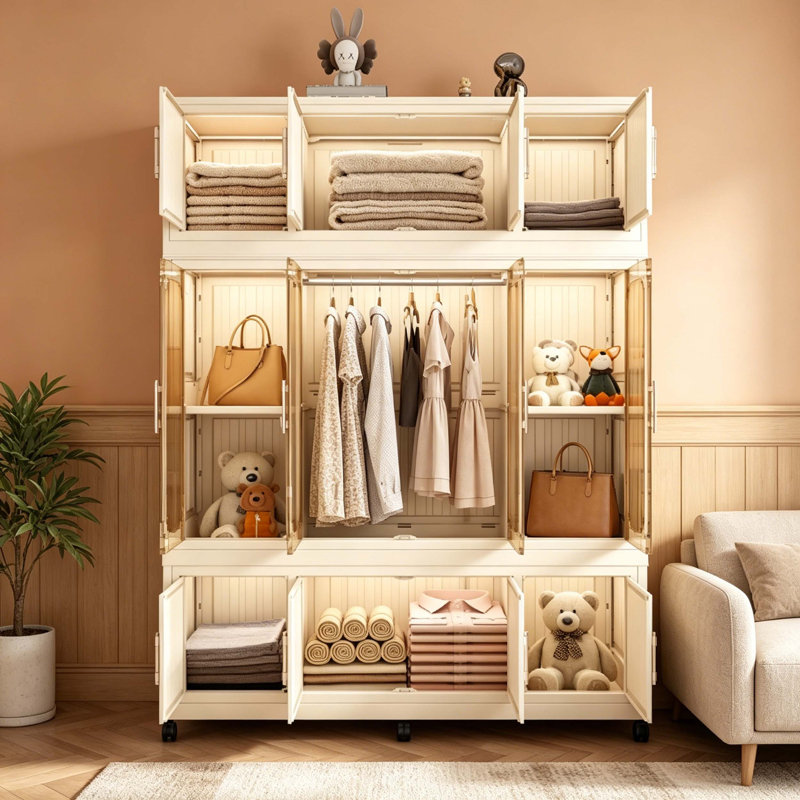Armoire modulaire en PP pliable à 12 cubes avec 12 portes cannelées en ambre magnétique et tringle à vêtements centrale, armoire de rangement portative autoportante pour chambre de bébé