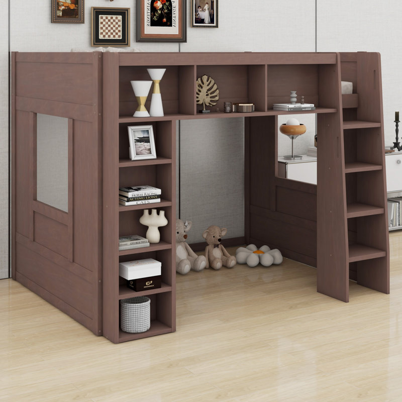 Space-Saving Wooden Loft Bed With Built-In Shelves, Brown