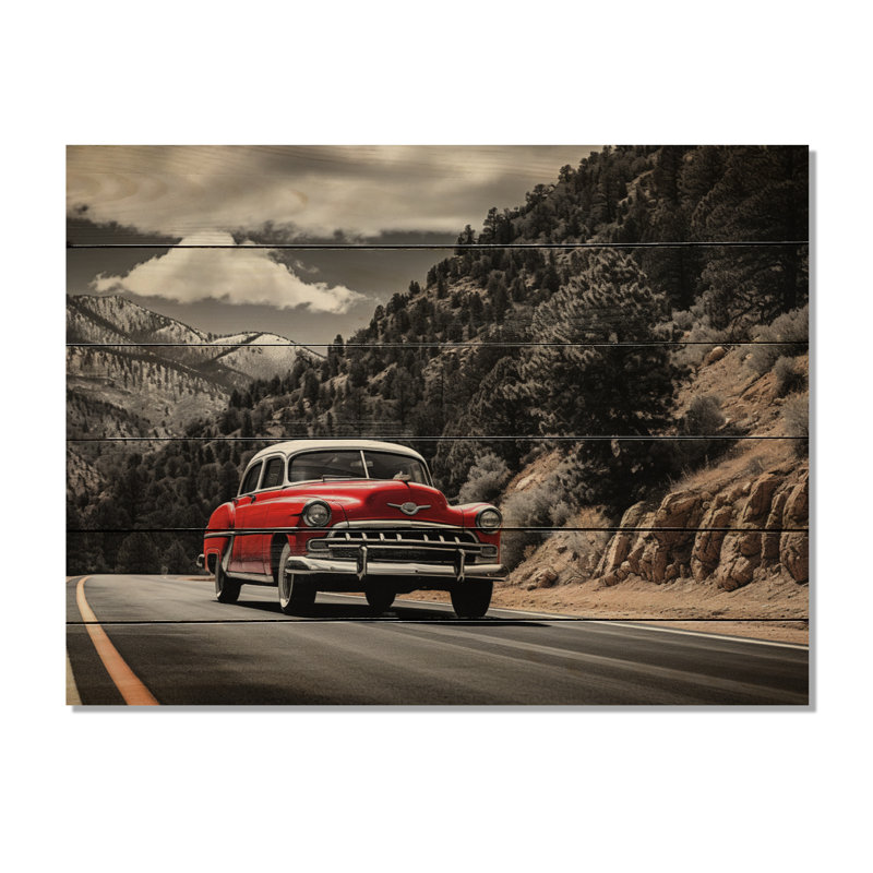 Voiture rétro rouge, impression rétro sur bois, H 10 po x l 20 po x P 0,78 po