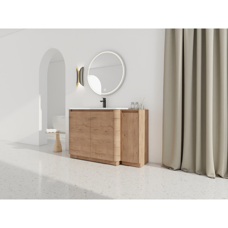 Meuble-lavabo autoportant de 52 po avec lavabo en céramique blanche et 1 petite armoire de rangement, porte à fermeture en douceur, chêne d'imitation, emballage KD, contreplaqué