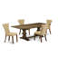 L'ensemble de 5 pièces pour coin-repas pour 4 personnes comprend une table de salle à manger rectangulaire avec rallonge amovible et 4 chaises rembourrées en tissu brun, jacobin vieilli-1814379820-1814379823-1814379825