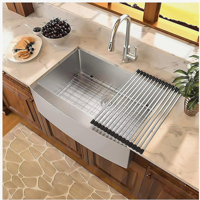 Brushed Nickel 16 gauge Stainless Steel 33 in. Single Bowl Farmhouse Apron Kitchen Sink with Bottom Grid and Basket Strainer