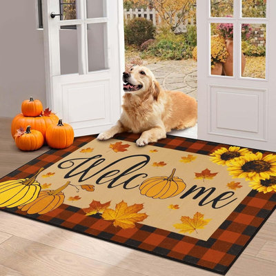 Fall Front Door Mat, Non-Slip Pumpkin Welcome Doormat with Buffalo Plaid Design, Washable Low-Profile Entryway Rug for Indoor & Outdoor Autumn, Thanks