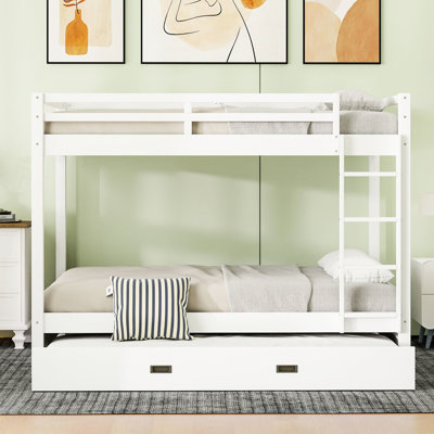 Lit superposé grand en bois blanc avec lit gigogne facile à assembler, construction en pin, structure solide peu encombrante, dans les chambres partagées