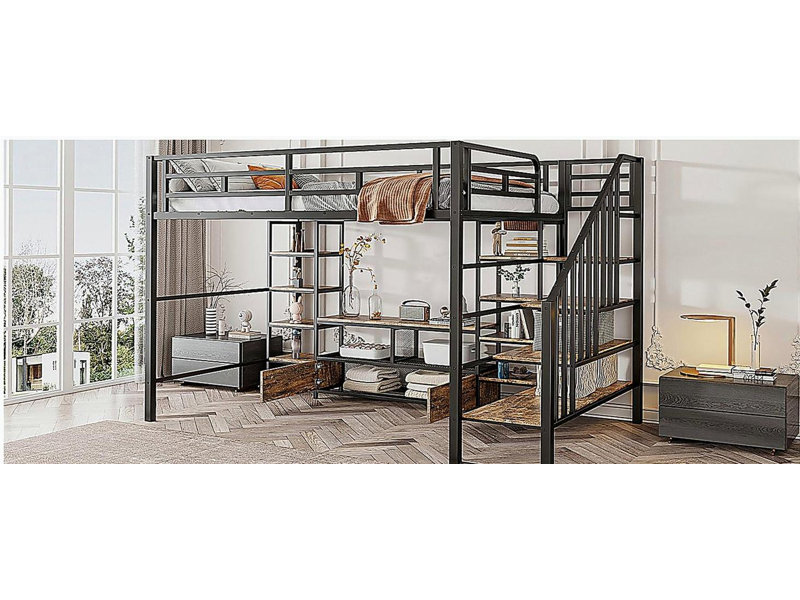 Lit mezzanine double en métal avec échelle, table de rangement basse et tablettes de rangement