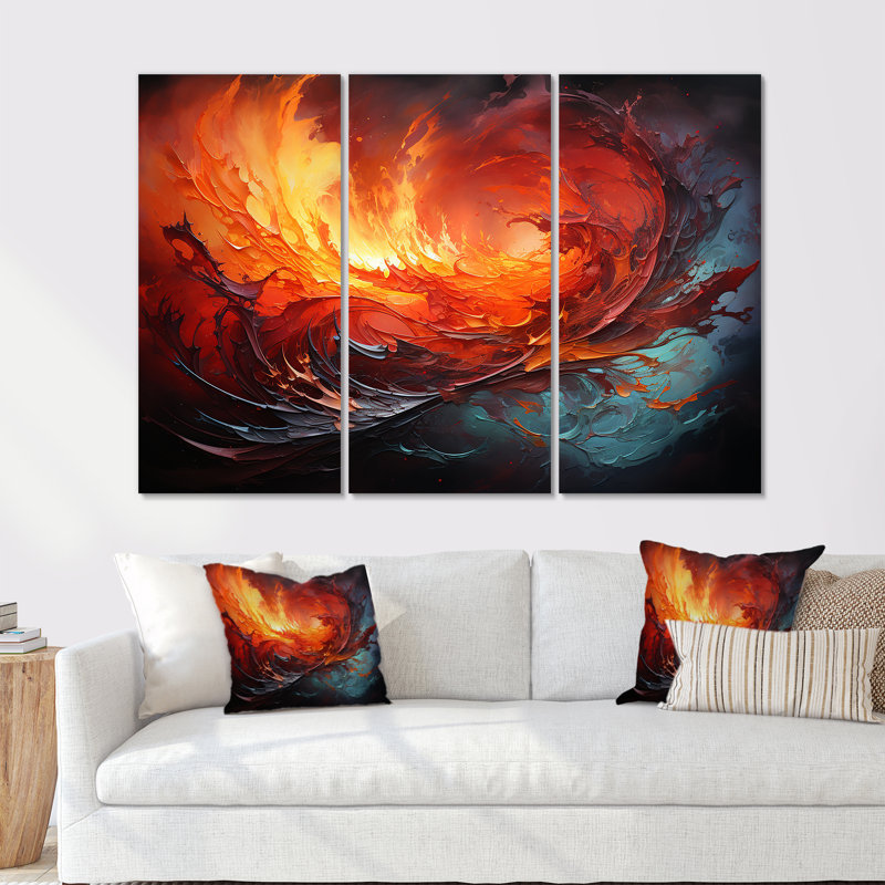 Abstrait rouge Firestorm Symphony - ensemble d'art mural peinture goutte à goutte, H 40 po x l 60 po x P 1 po