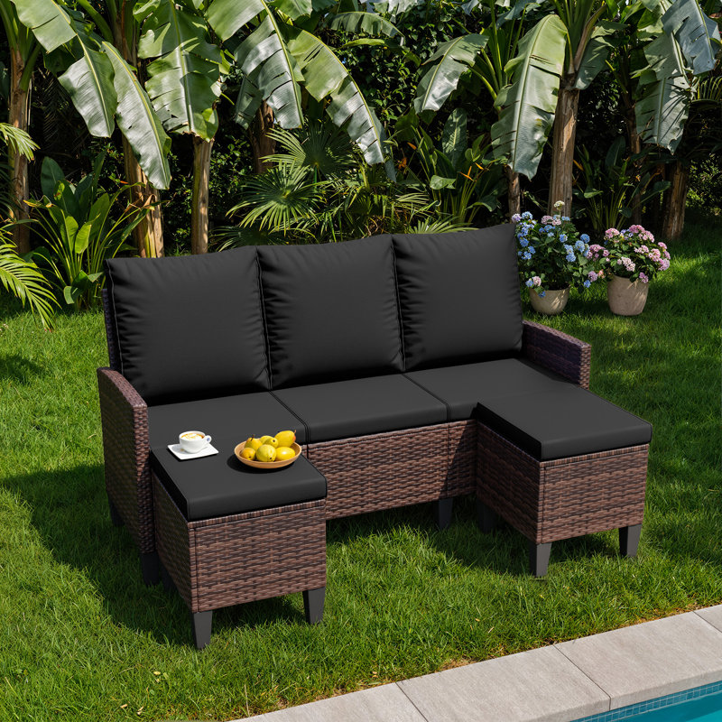 Ensemble de conversation modulaire en osier avec repose-pieds pour 3 personnes, Black, Brown