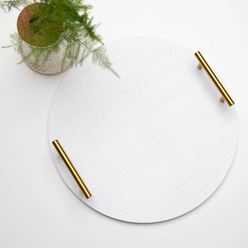 Round Tray, Suitable For Home Decoration, 12-Inch White Wooden Circle With Shiny Golden Handle, Decorative Round Tray, Suitable For Coffee Table, Kitchen, Living Room, Bedroom
