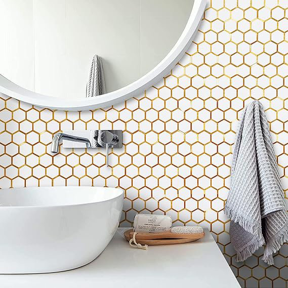 10 tuiles de dosseret hexagonales à peler et à coller blanc poli avec or mélangé pour la cuisine, Blanc / Doré