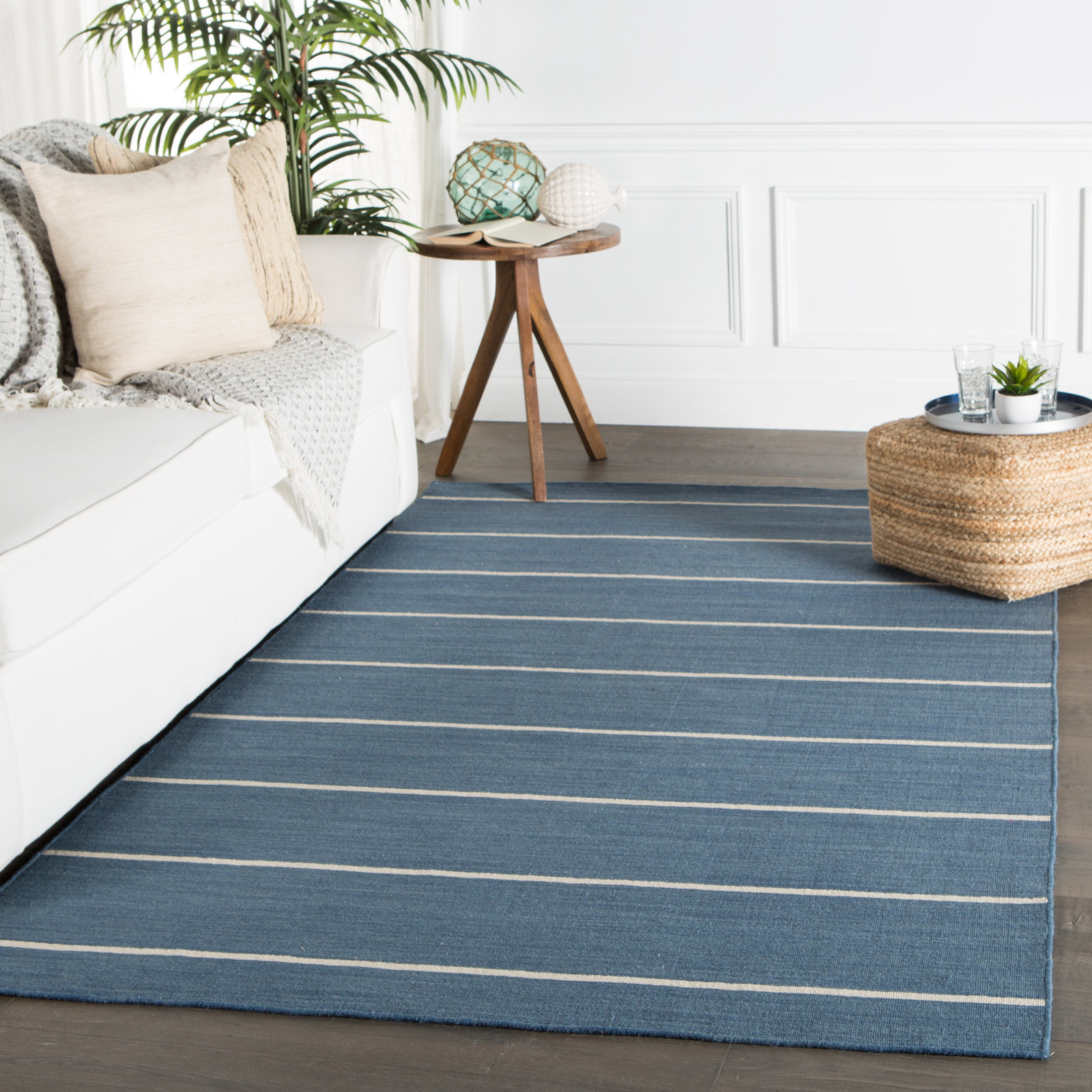 Creekmont Blue Cream Hand-Woven Striped Wool Rug, Rectangle 10' x 14'