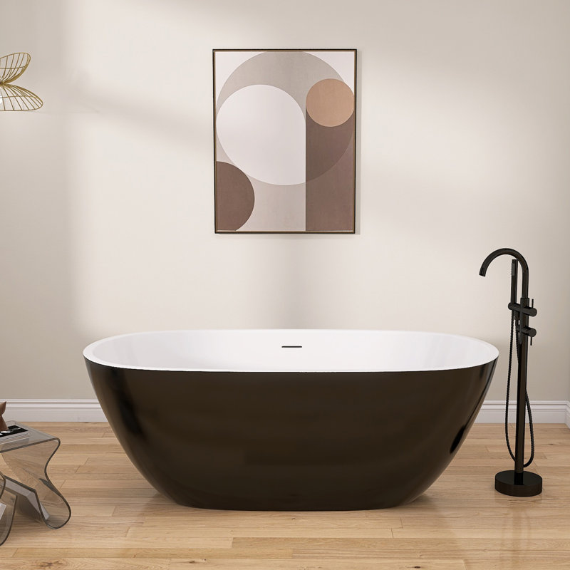 65 Inch Freestanding Soaking Acrylic Bathtub with Integrated Slotted Overflow and Chrome Anti-clogging Drain, Black/White