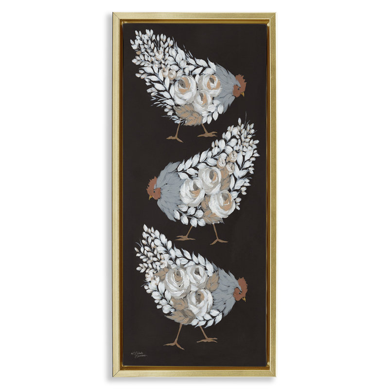Poules abstraites à motif floral, Cadre flottant métallique doré, H 31 po x l 15 po