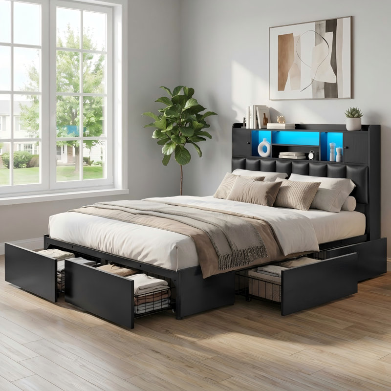 Upholstered Storage Bed Frame with LED Lights and Charging Station, Platform Bed with Hidden Headboard Storage and Drawers