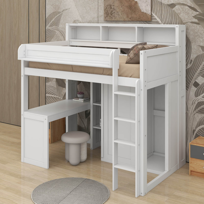 Lit mezzanine simple avec tablettes et garde-robe, Blanc