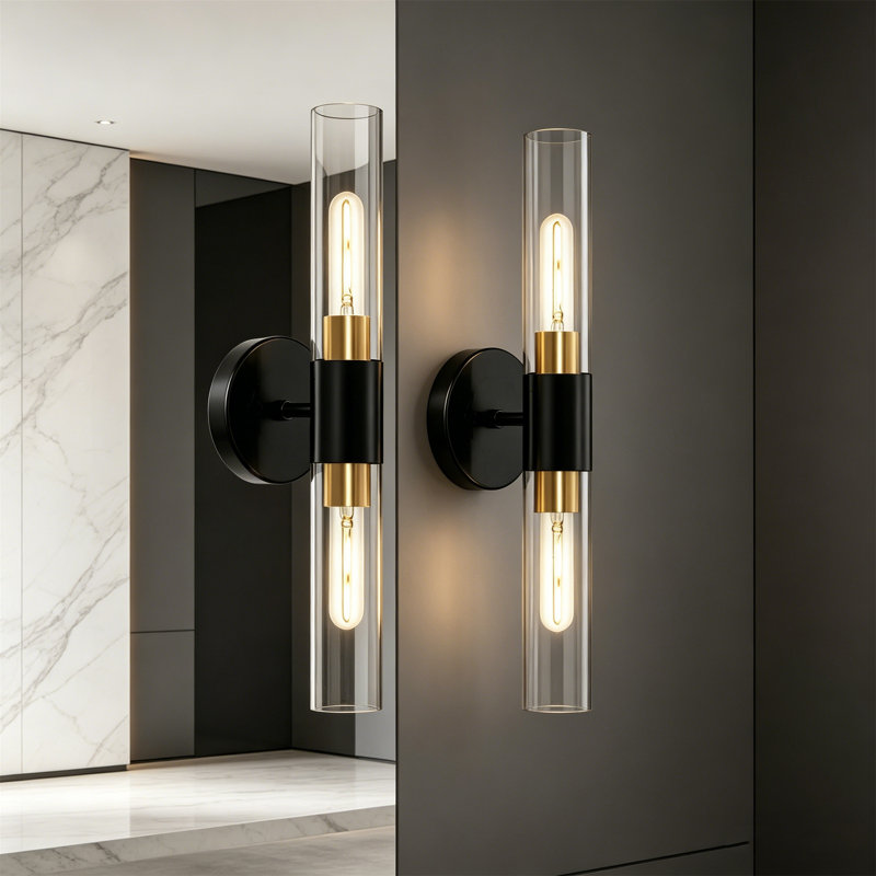 Applique murale moderne à DEL noire, lampe de meuble-lavabo en verre transparent avec ampoules, luminaire de miroir de salle de bain pour meuble-lavabo de chambre à coucher et de maquillage, ensemble de 2