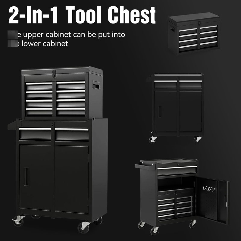 Coffre à outils à 5 roulettes avec coffre supérieur amovible, tablette réglable, roues verrouillables universelles et outils de 154 pièces - acier, antirouille, rangement facile à déplacer, 5 tiroirs, outils, rouille,