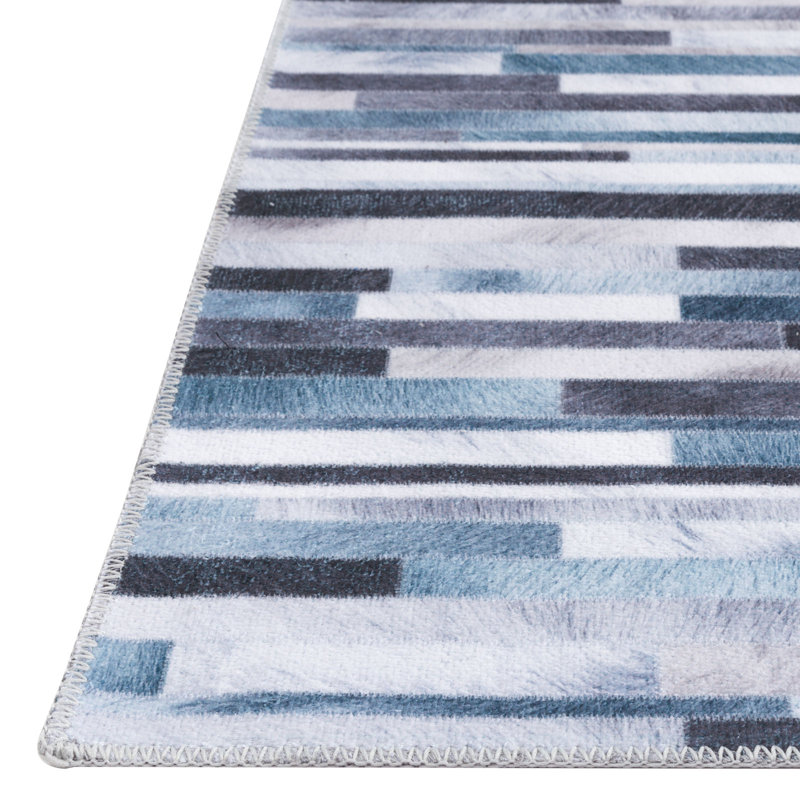  Modern Geometric Stripe Design Performance Machine Washable Rug Blue, Rectangle 3’ x 5’