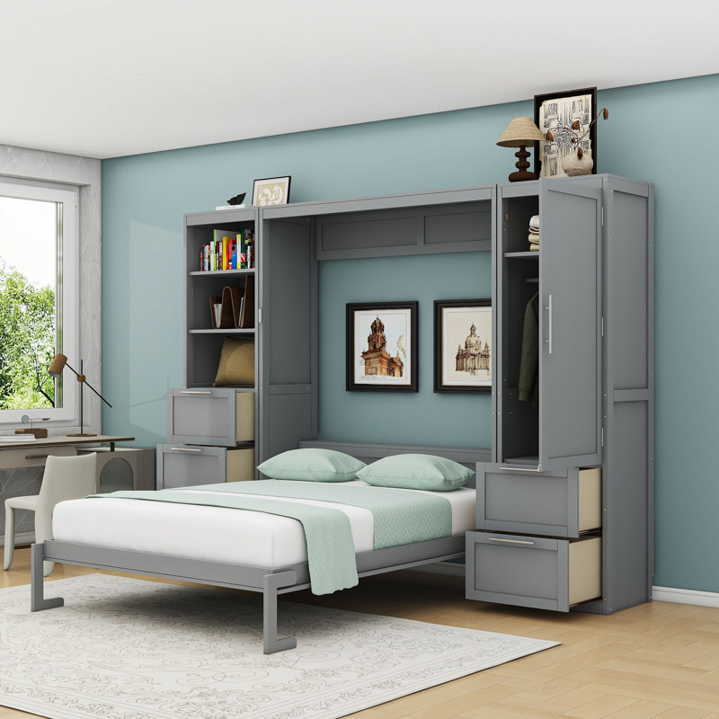 Grand lit escamotable en bois avec 5 tiroirs, armoire latérale et tablettes, Gris