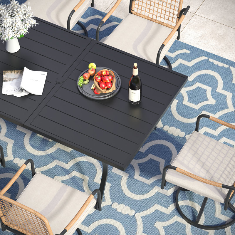 6-Person 63" Rectangular Outdoor Dining Set With Cushioned Swivel Woven Rattan Chairs, Black
