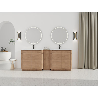 Meuble-lavabo autoportant de 84 po avec lavabo en céramique blanche et 1 petite armoire de rangement, porte à fermeture en douceur, chêne imitation, emballage KD, contreplaqué