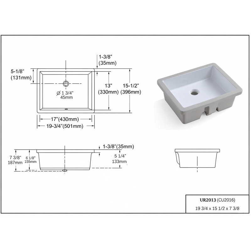 Topcraft Rectangular Undermount Ceramic Sink, White