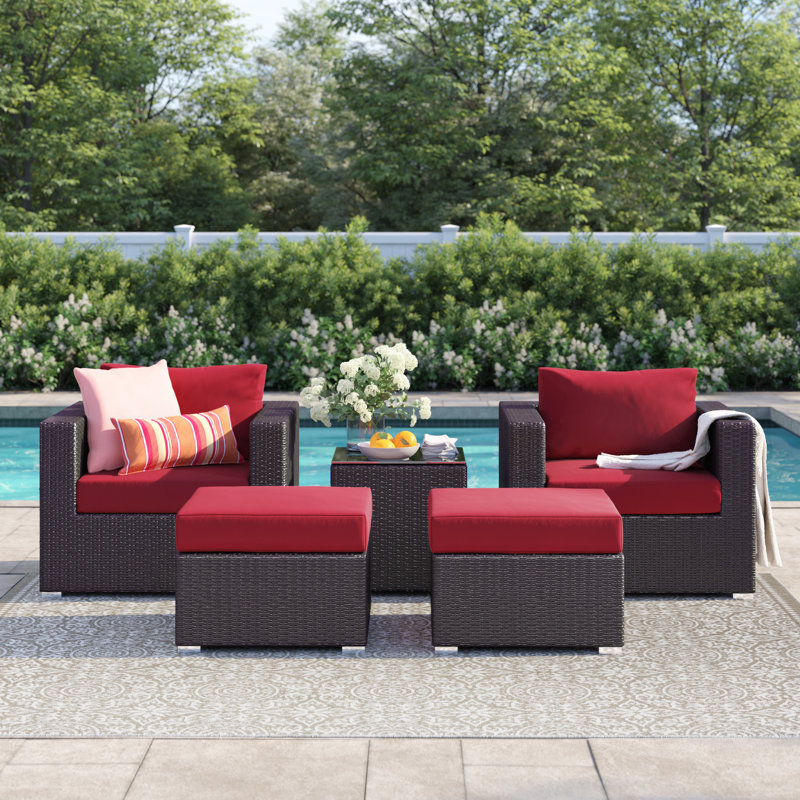 Convene Wicker Rattan 5-Piece Outdoor Patio Furniture Set, Espresso Red