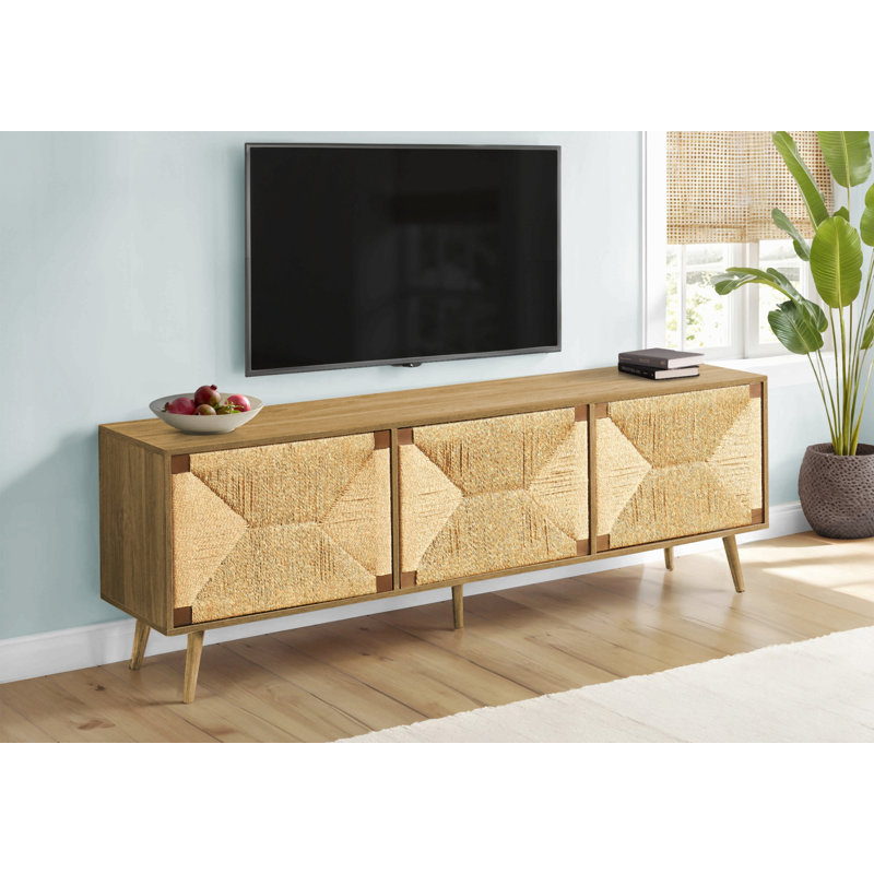 Meuble télé, 72 po, meuble multimédia, meuble de rangement, console, stratifié noyer, ruppie maritime naturelle, milieu du siècle, moderne