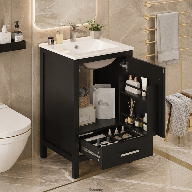 Meuble-lavabo moderne de 50 cm (20 pouces) avec lavabo en céramique, tiroir et porte à fermeture amortie, organisateur de porte à double compartiment et pieds réglables.