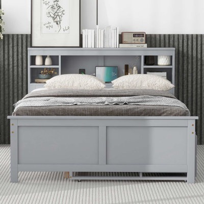 Grey Full Size Platform Bed With Headboard Storage, Twin Trundle, 3 Drawers And For A Relaxing Night In Storage Headboard, , Trundle Bedroom