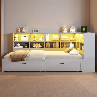 Modern Daybed With 2 Storage Drawers, Storage Cabinets, Led Light And Usb Ports