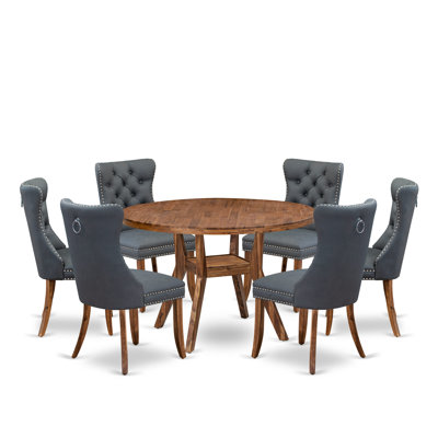 7-piece Mid-century Dining table set consists of a Dining Table and 6 Platinum Gray Polyester fabric Dining Chairs with Button Tufted Back - Antique Walnut Finish