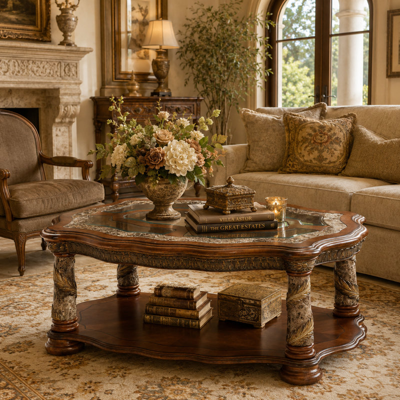 Table basse en bois et marbre Villa Valencia - Châtaignier classique