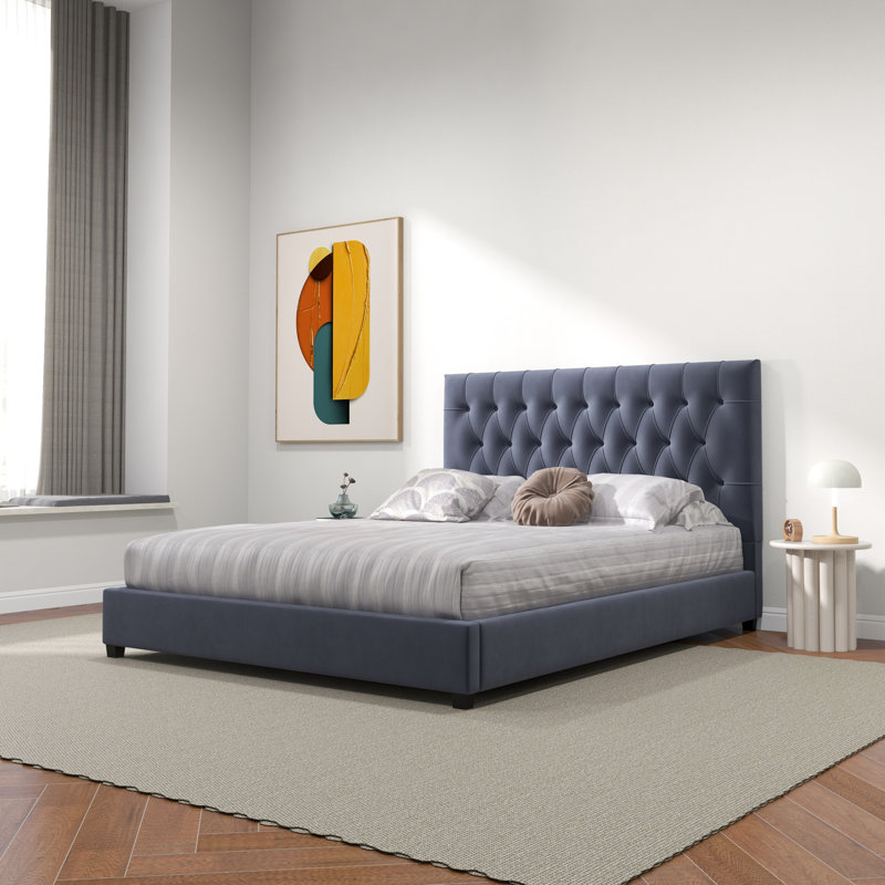 Lit plateforme tapissier Genka, Gris, Queen