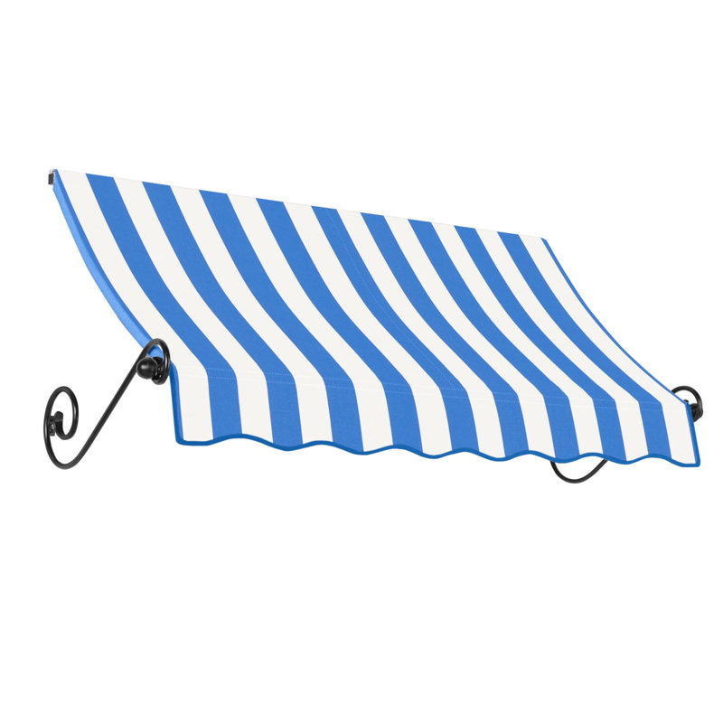 Awntech Charleston Acrylic Fabric Awning with Iron Scroll Arms, Bright Blue/White Stripe, 36" H x 40.5" W x 36" D