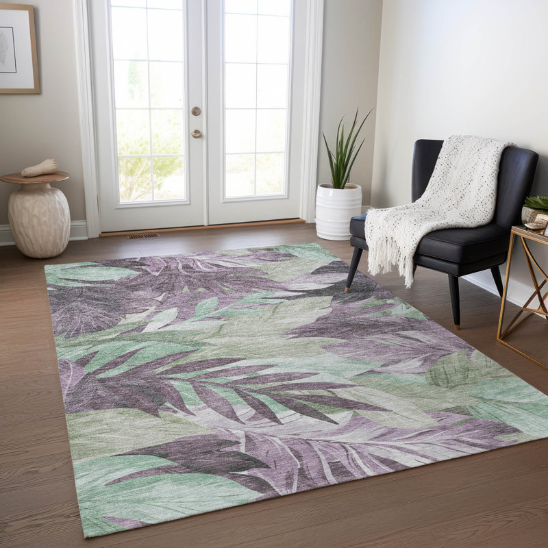 Lavender and Green Tropical Leaf Washable Indoor/Outdoor Rug