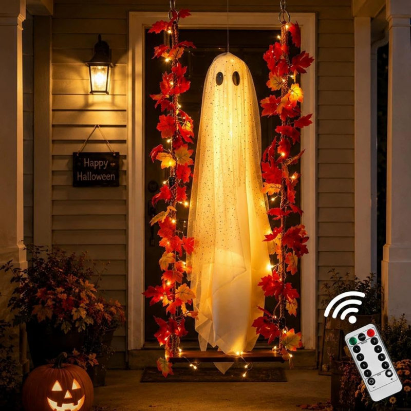 Hanging Swinging Ghost Halloween Decor, Hanging Ghost Decor with a Maple Leaf Swing, Spooky Cute Lighted Ghosts Ornament for Tree, Yard, Porch, Garden