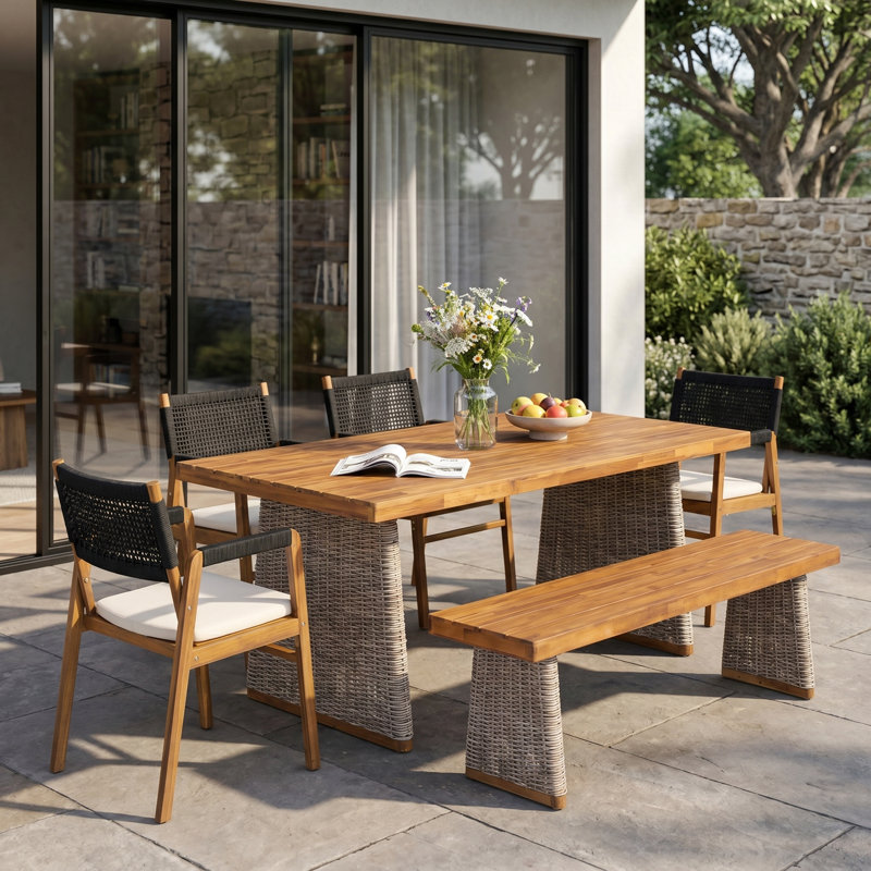 Ensemble repas d'extérieur en bois d'acacia de 6 pièces Traylor avec fauteuils en corde, table à lattes et coussins hydrofuges