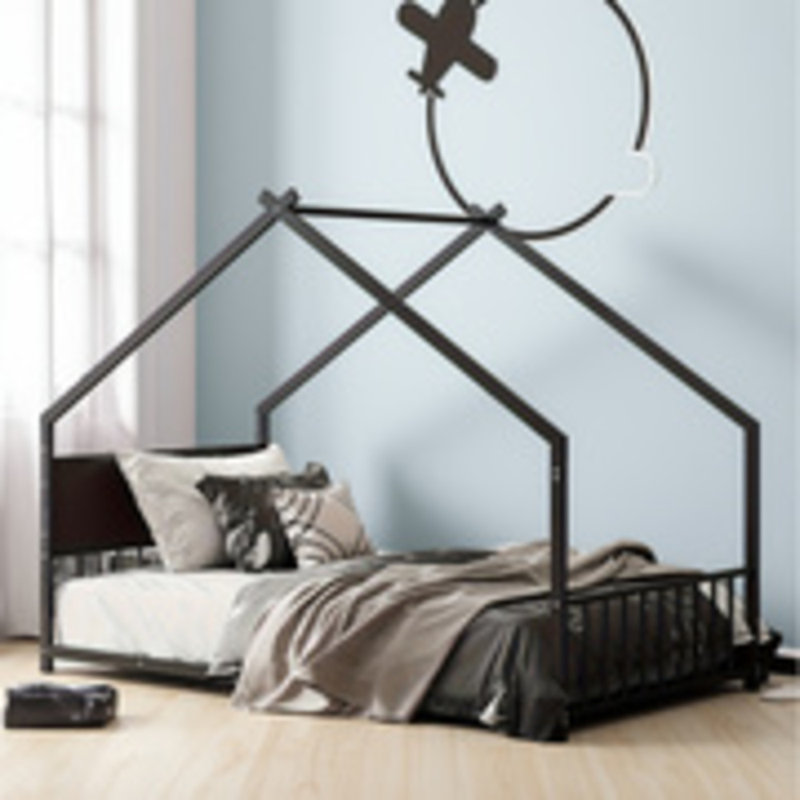 Lit simple pour enfant avec toit et lumières à DEL, structure en métal robuste (sans sommier tapissier), bas pour les adolescents
