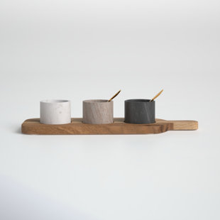 Ceramic White and Blue Spice Seasoning or Condiment Pots with Serving  Spoons and Acacia Wood Tray