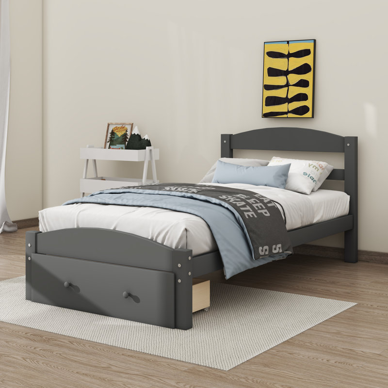 Structure de lit plateforme simple avec tiroir de rangement et support en lattes de bois, Gris