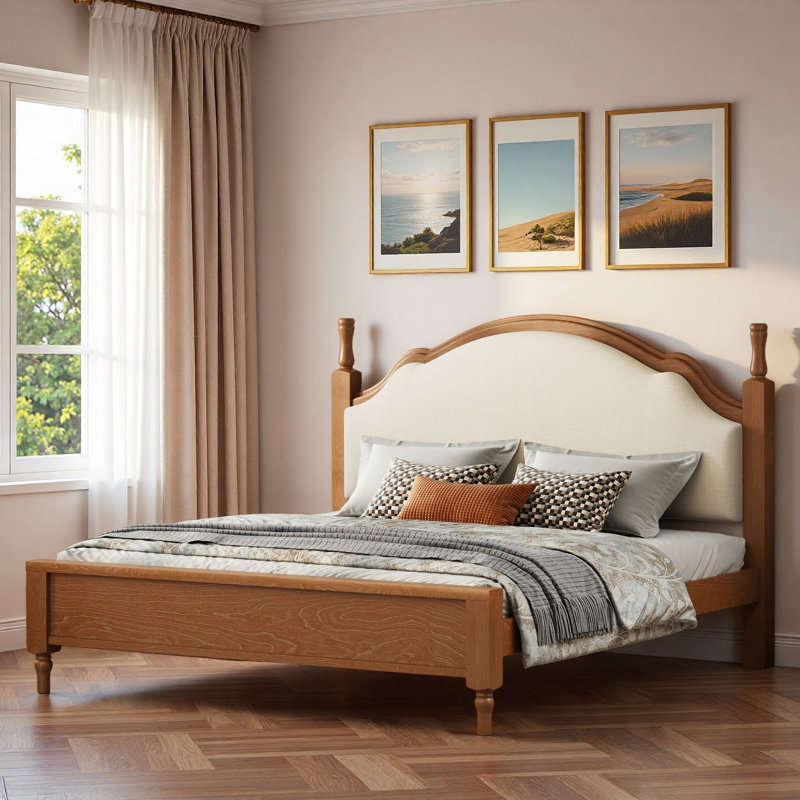 Lit plateforme en bois avec tête de lit tapissier et pieds robustes, Brun / Beige, Grand